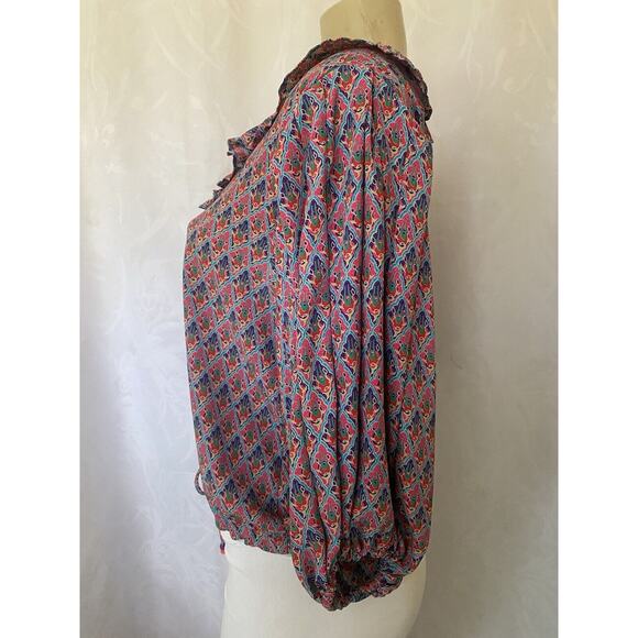 Diane Freis Top Blouse 3/4 Balloon Sleeve Tie Geo Floral V Neck Pleat ta… - Picture 5 of 10
